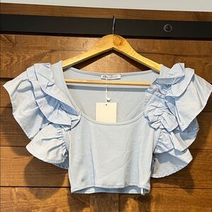 Zara Sky Blue Ruffled Sleeve Cropped Blouse size S